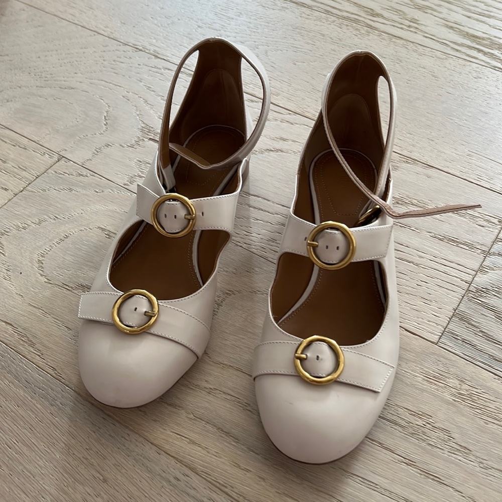 Chloe brand, white strapped flats, triple buckle. Size 8